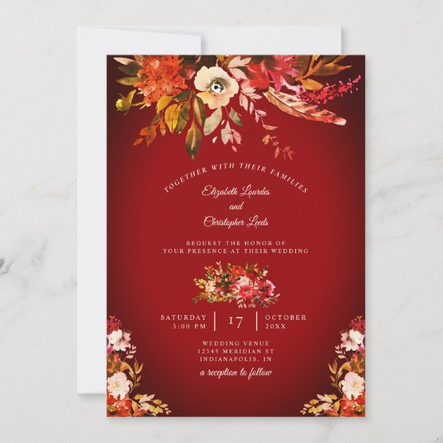 Invitación Boda rojo lavado con floral de esplendor de otoño (Anverso)