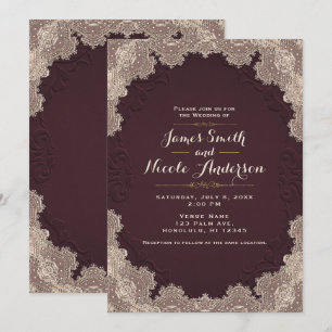 Invitación Boda rojo marrón del cordón del vintage del ante