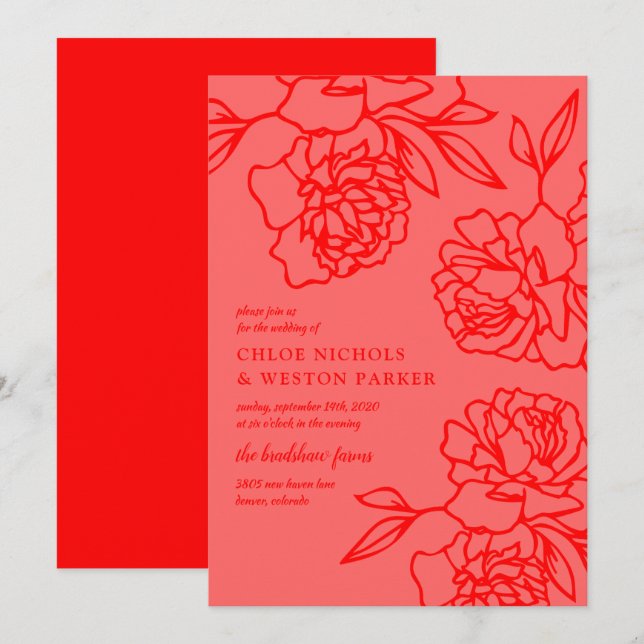 Invitación Boda Rojo Moderno de Peonies Pencillados (Anverso / Reverso)