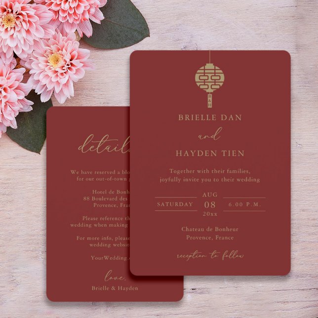 Invitación Boda rojo monograma moderno de linterna china (Subido por el creador)