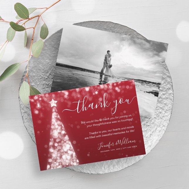 Invitación Boda rojo plateado de árbol festivo. Gracias (Festive Tree Silver Red Wedding Photo Thank You Invitation)