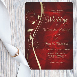 Invitación Boda Rojo Profundo de Swirl Leaf Gold