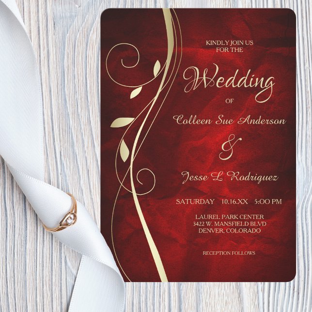 Invitación Boda Rojo Profundo de Swirl Leaf Gold (Subido por el creador)