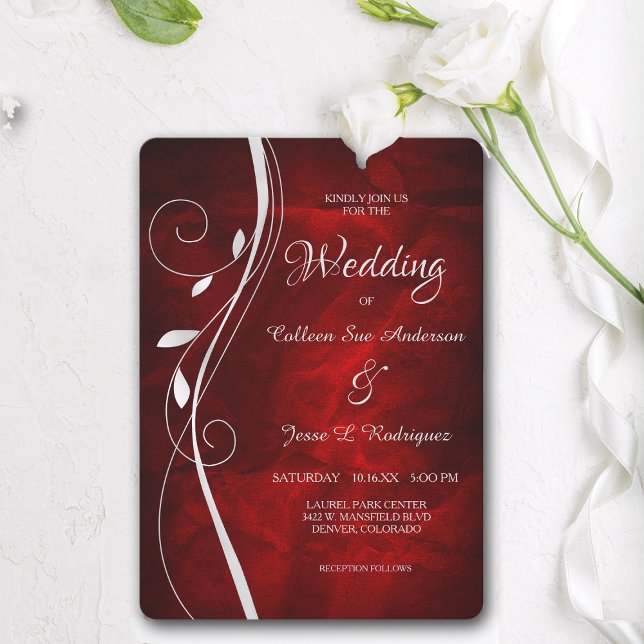Invitación Boda rojo profundo de Swirl Leaf Silver (Subido por el creador)