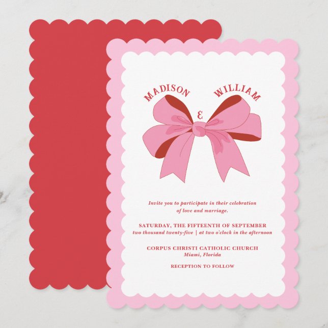 Invitación Boda rojo rosa ondulado (Anverso / Reverso)