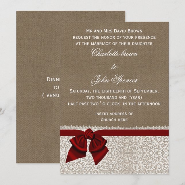 Invitación Boda Rojo Rústico de lace de burlap (Anverso / Reverso)