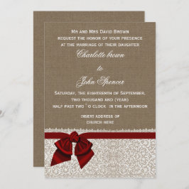 Invitación Boda Rojo Rústico de lace de burlap