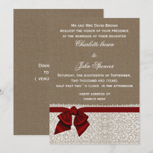 Invitación Boda Rojo Rústico de lace de burlap