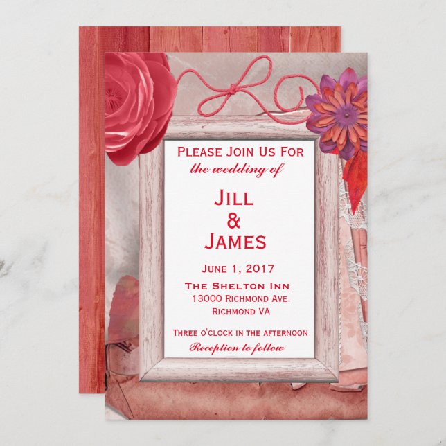 Invitación Boda Rojo Rústico Floral (Anverso / Reverso)