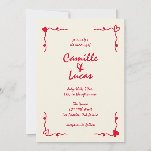 Invitación Boda Rojo Whimsical Retro Escrito A Mano (Anverso)