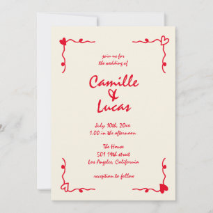Invitación Boda Rojo Whimsical Retro Escrito A Mano