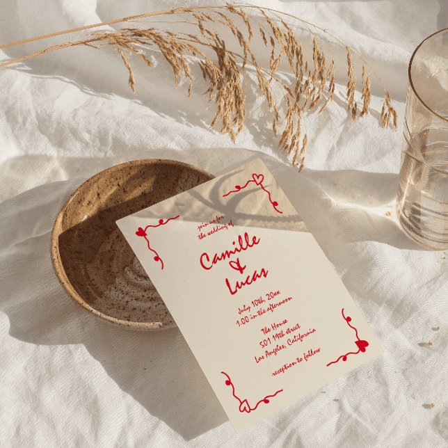 Invitación Boda Rojo Whimsical Retro Escrito A Mano (Subido por el creador)