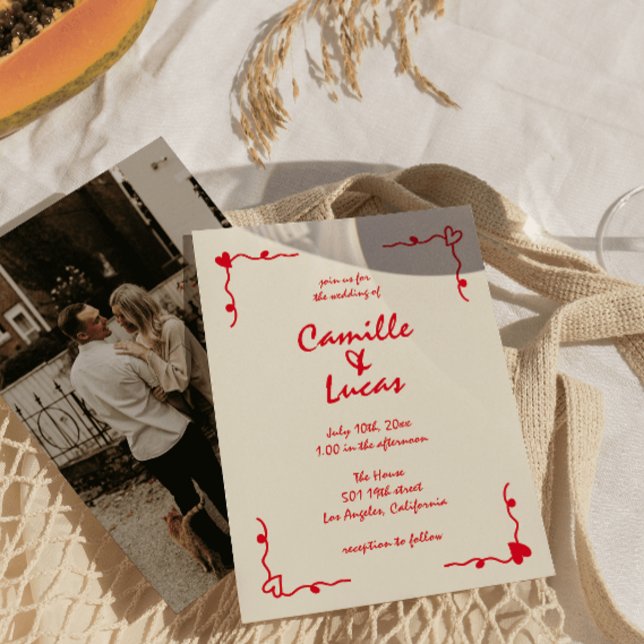 Invitación Boda Rojo Whimsical Retro Escrito A Mano (Subido por el creador)