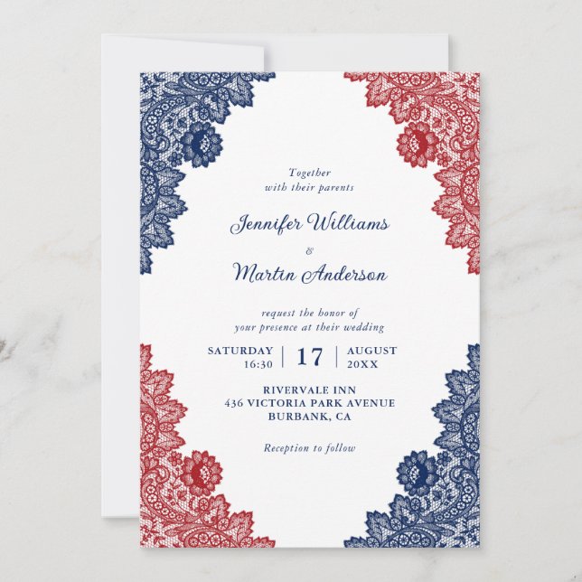 Invitación Boda Rojo y Azul de la Armada Rustica Personalizad (Anverso)