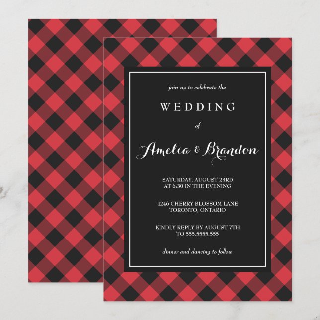 Invitación Boda rojo y negro trenzado en búfalo negrita (Anverso / Reverso)