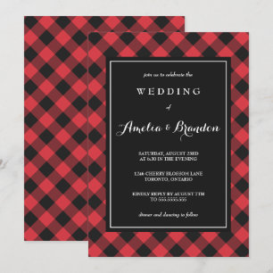 Invitación Boda rojo y negro trenzado en búfalo negrita