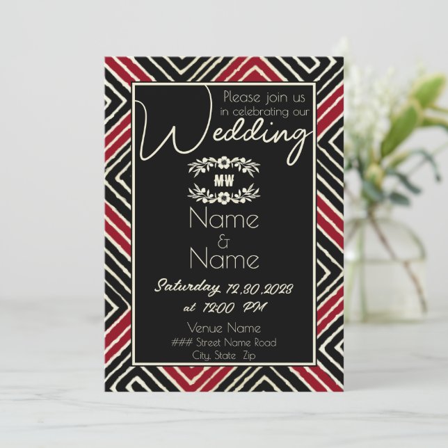 Invitación Boda rojo y negro tribal africano (Anverso de pie)