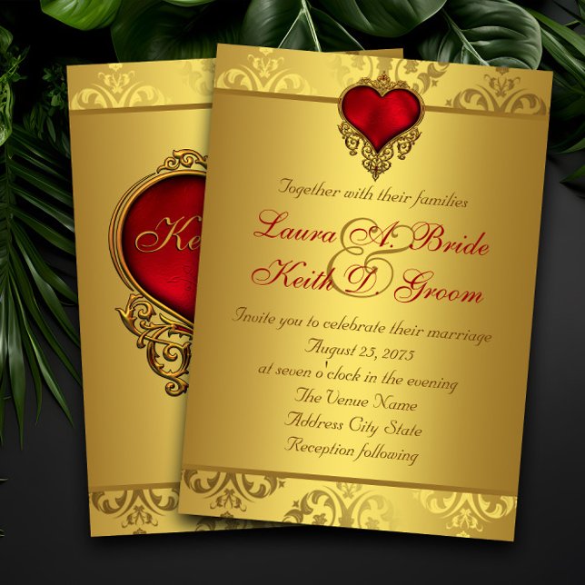 Invitación Boda rojo y oro (Beautiful red and gold wedding invitation with ornate red and gold heart. Simply add your details.)