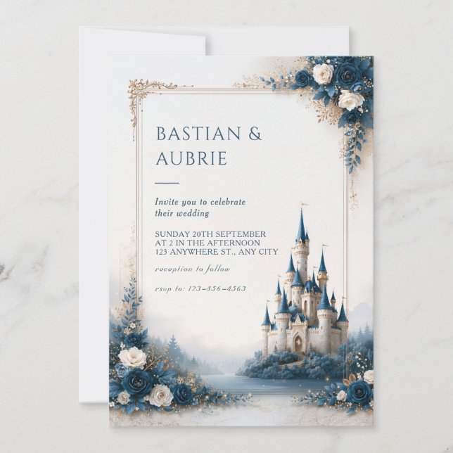 Invitación Boda Romance Castillo Lagoside Rosa Zafiro (Anverso)