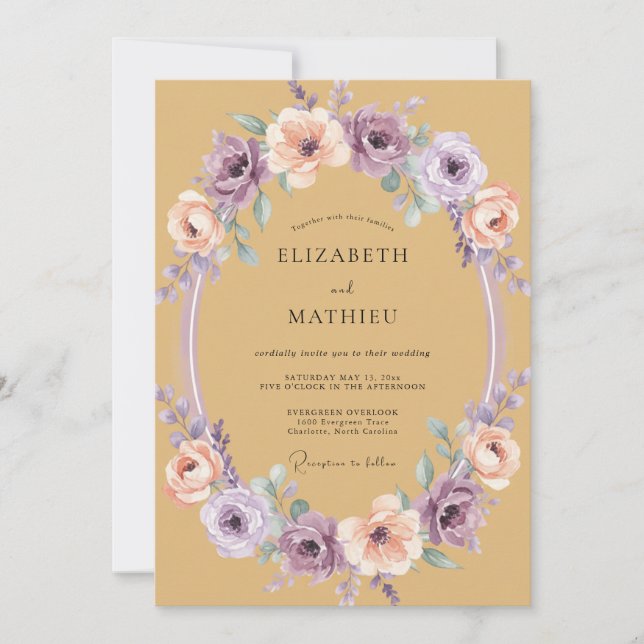 Invitación Boda Romance Corona Floral Ocra (Anverso)