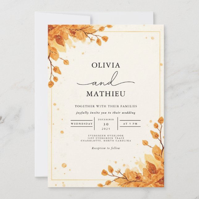 Invitación Boda Romance de la oliga de otoño de oro (Anverso)