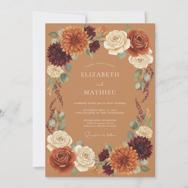 Invitación Boda Romance de Otoño Flor de Terracota (Anverso)