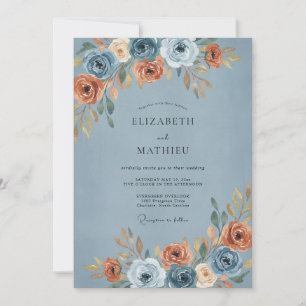 Invitación Boda Romance de Otoño Floral Azul Polvoriento