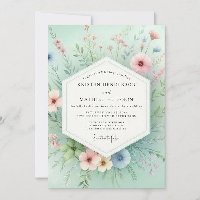 Invitación Boda Romance de Pradera Floral Menta (Anverso)