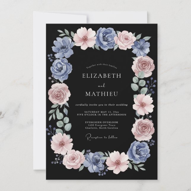 Invitación Boda Romance de Rosa Azul Polvorienta (Anverso)