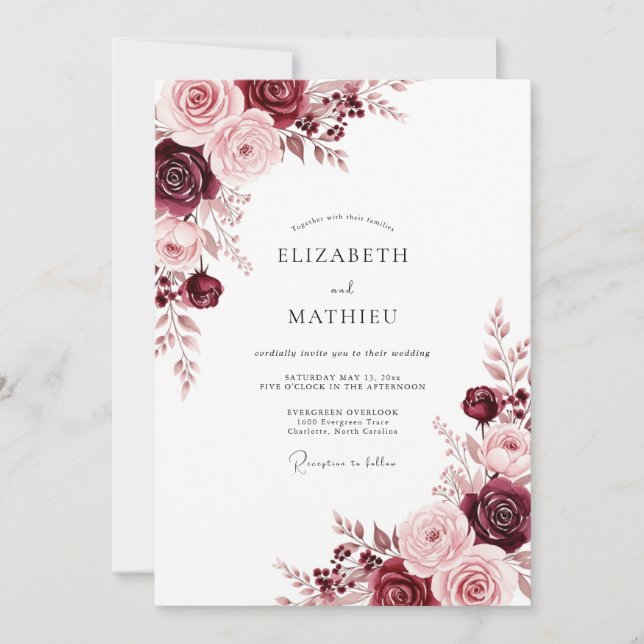 Invitación Boda Romance Flor Burgundy (Anverso)