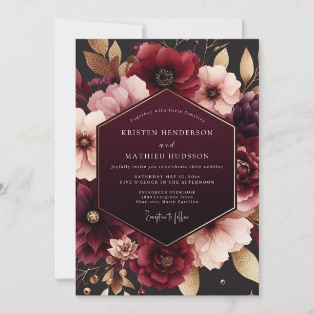 Invitación Boda Romance Flor Burgundy Profundo (Anverso)