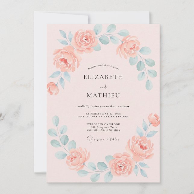 Invitación Boda Romance Flor Coral Suave (Anverso)