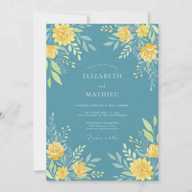 Invitación Boda Romance Flor de Amarillo Verde Acuario (Anverso)