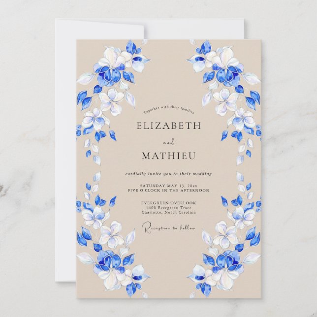 Invitación Boda Romance Flor de Azul Cobalto (Anverso)