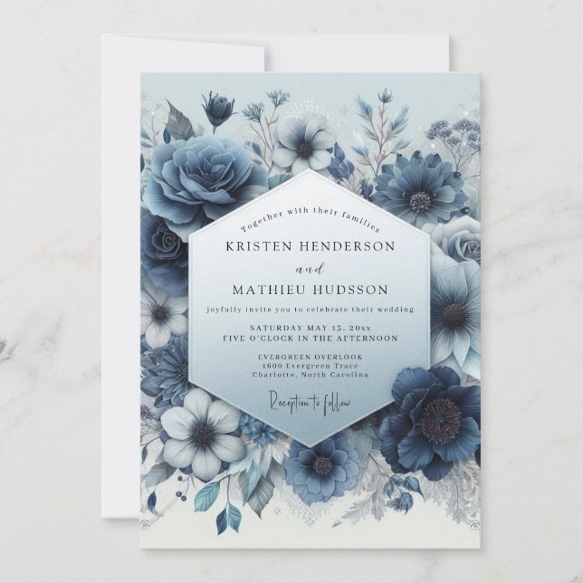 Invitación Boda Romance Flor de Azul Pizarra (Anverso)