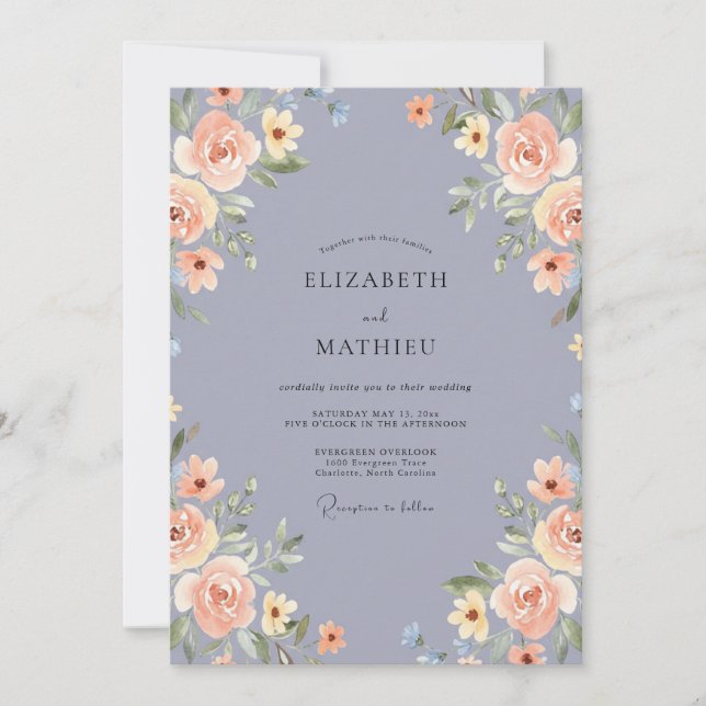 Invitación Boda Romance Flor de Azul Pizarra (Anverso)