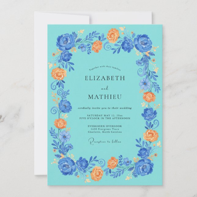 Invitación Boda Romance Flor de Azul Teal (Anverso)