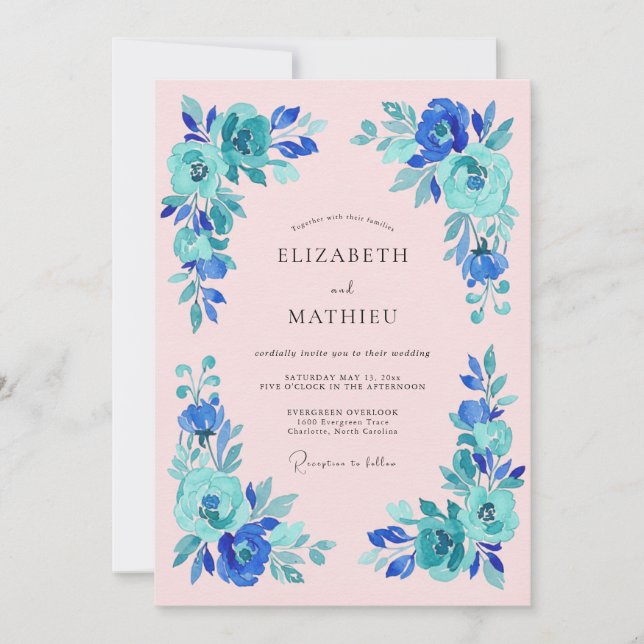 Invitación Boda Romance Flor de Azul Teal (Anverso)
