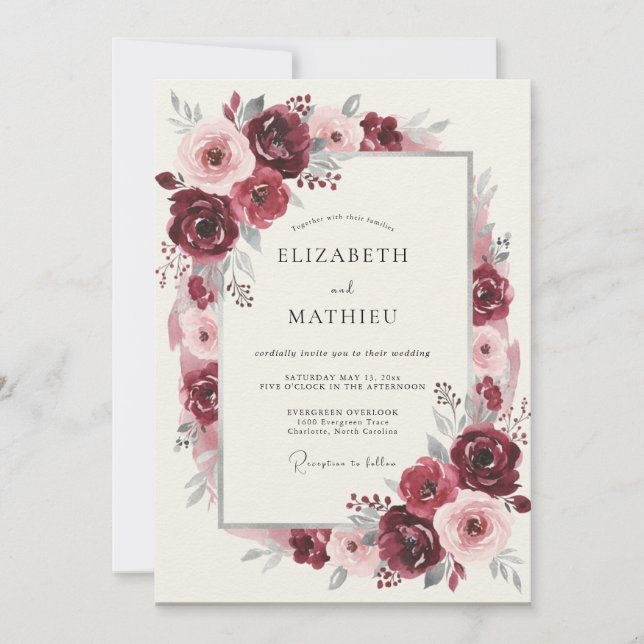 Invitación Boda Romance Flor de Borgoña (Anverso)