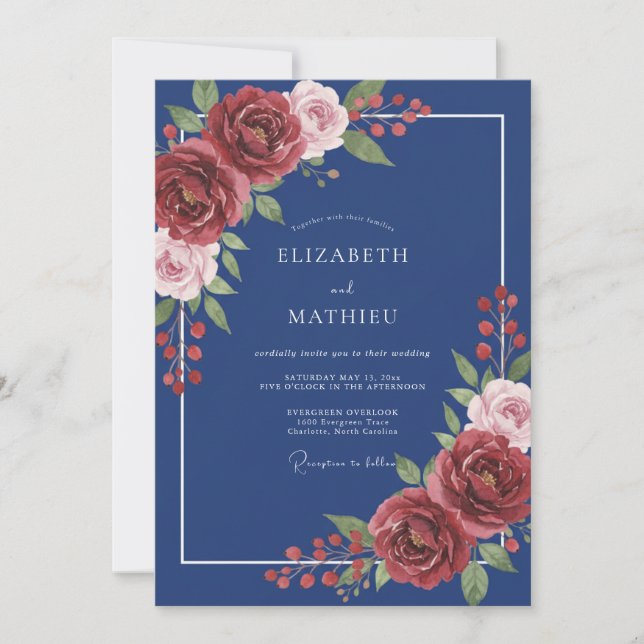 Invitación Boda Romance Flor de Carmesí de la Marina (Anverso)