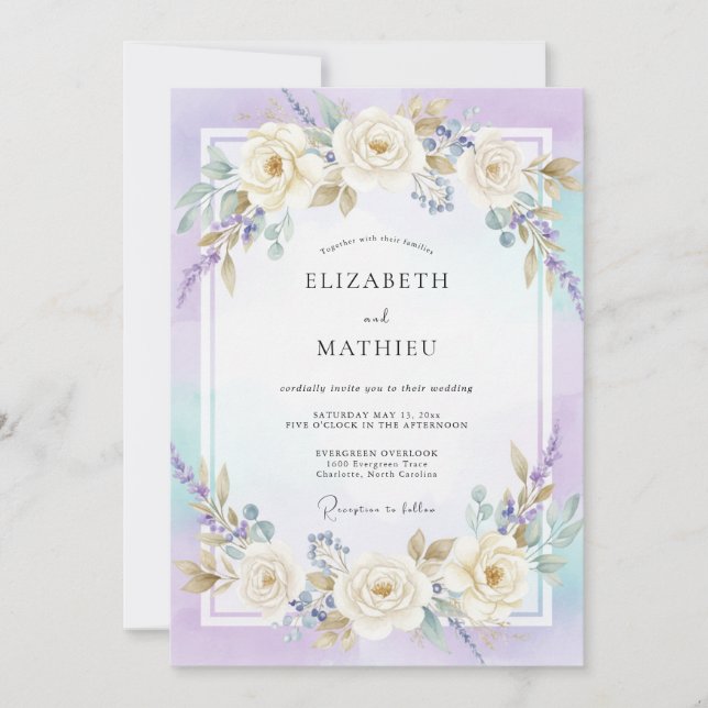 Invitación Boda Romance Flor de Crema Lila (Anverso)