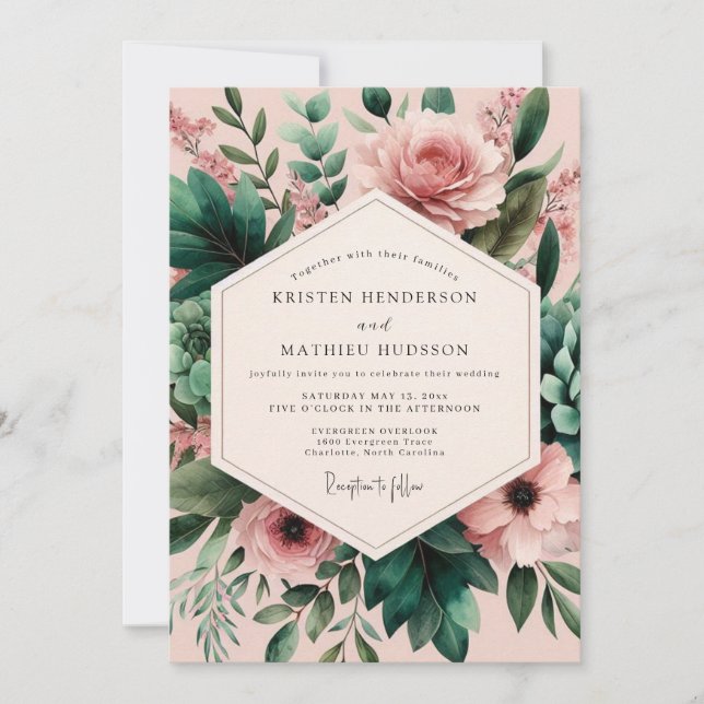 Invitación Boda Romance Flor de Esmeralda Rubor (Anverso)