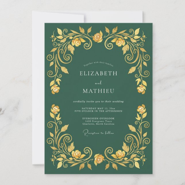 Invitación Boda Romance Flor de Gilded Esmeralda (Anverso)