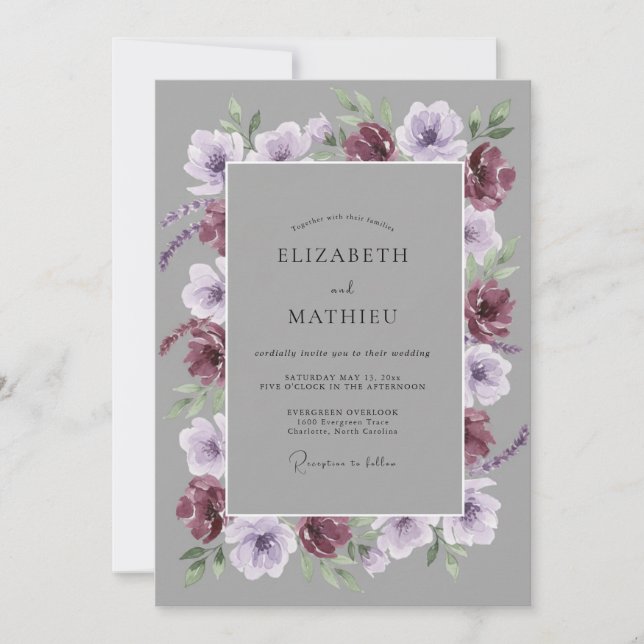 Invitación Boda Romance Flor de Lila Borgoña (Anverso)