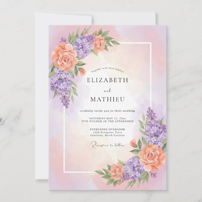 Invitación Boda Romance Flor de Melocotón Lavanda (Anverso)