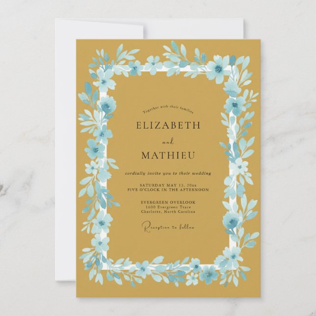 Invitación Boda Romance Flor de Mostaza Azul (Anverso)