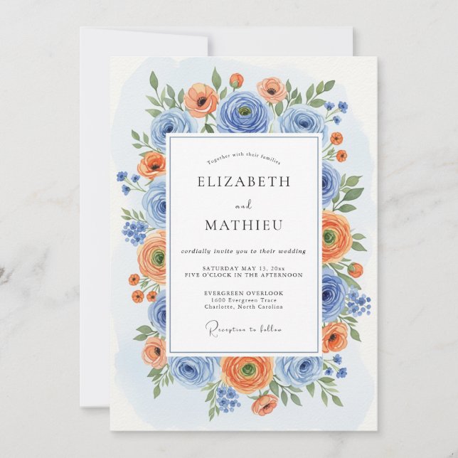 Invitación Boda Romance Flor de Naranja Azul (Anverso)