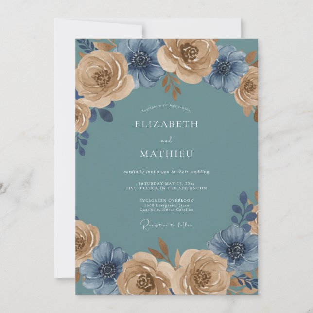 Invitación Boda Romance Flor de Oro Verde Azul (Anverso)