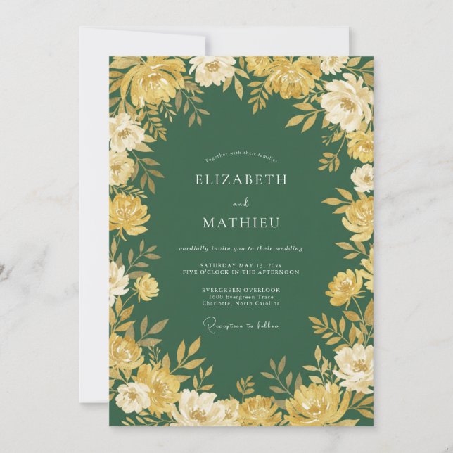 Invitación Boda Romance Flor de Oro Verde Bosque (Anverso)