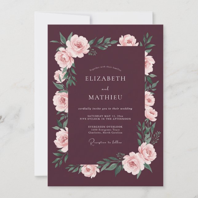 Invitación Boda Romance Flor de Rosa Borgoña (Anverso)